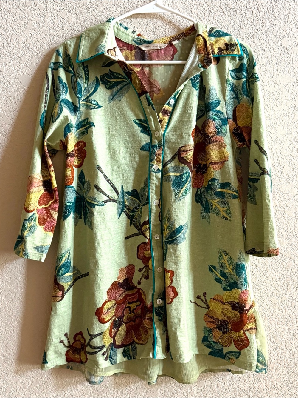 Soft Surroundings Shirt Womens Small Green Elena Floral 3/4 Sleeve Tunic